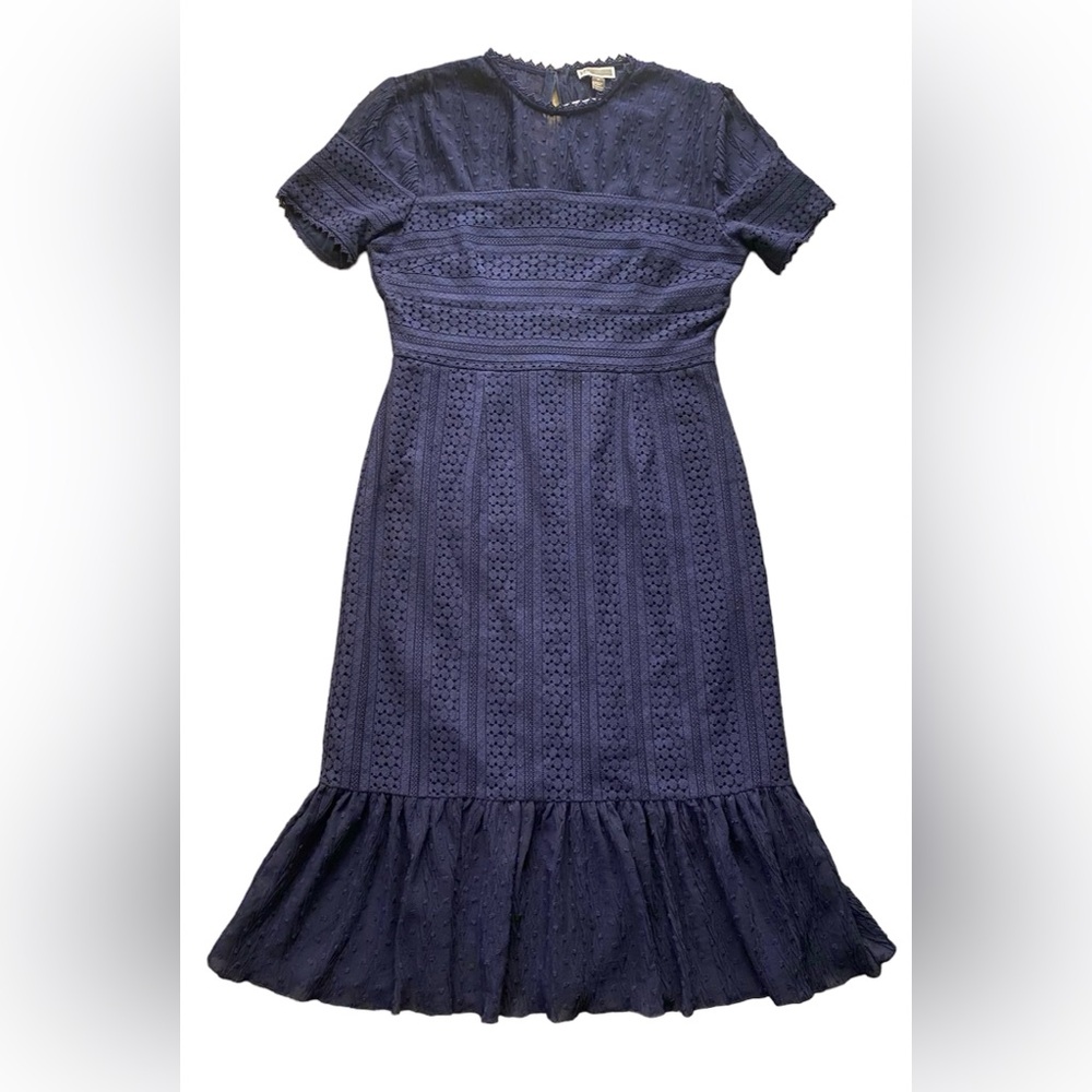 NWT Chelsea28 Ruffle Trimmed Lace Midi Dress in Navy